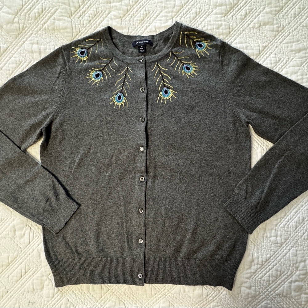 Lands End Cotton Cashmere Blend Peacock Cardigan Sweater Sz 10-12 Medium